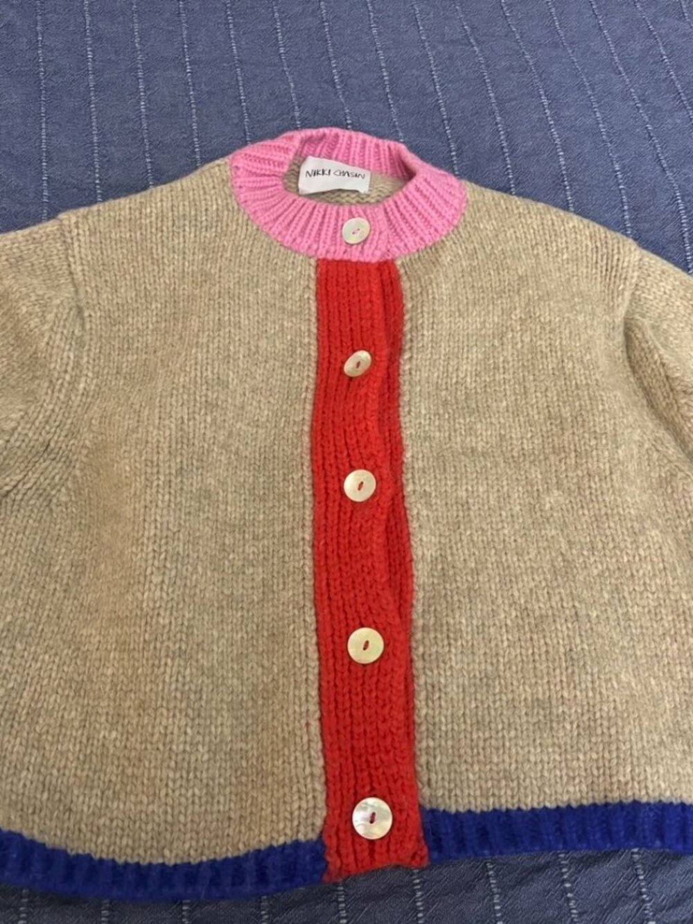 Sheba Cardigan Sweater- Oatmeal Colorblock Nikki Chasin Size Small - Picture 2 of 4